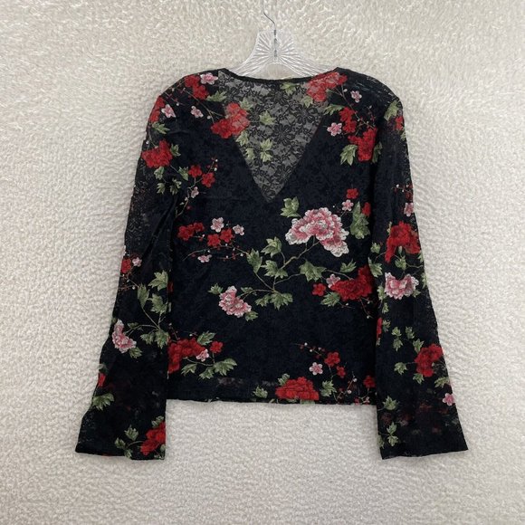 90s Y2K Vintage Fashion Bug Black Rose Floral Sheer Lace Top M L Medium Large - Picture 2 of 9